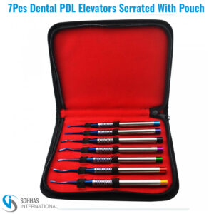 Set of 7 serrated dental PDL luxating elevators with ergonomic handles and storage pouch