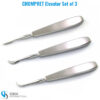 Set of 3 CHOMPRET elevators with ergonomic handles for effective root elevation during dental procedures