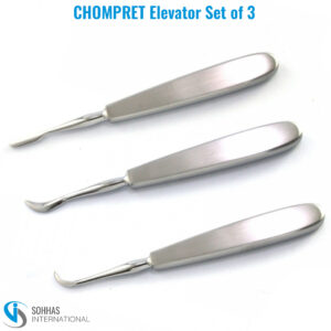 Set of 3 CHOMPRET elevators with ergonomic handles for effective root elevation during dental procedures