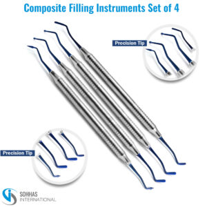 Set of 4 blue composite filling instruments for accurate dental resin application