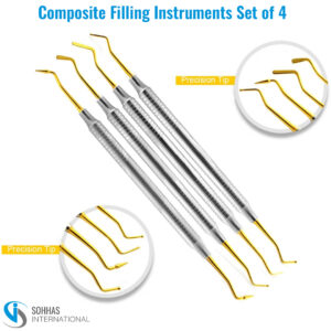 Set of 4 Gold composite filling instruments for accurate dental resin application