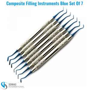 Set of 7 titanium composite filling instruments in blue for restorative dental procedures