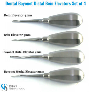 Set of 4 Bayonet Distal Bein elevators with angled tips for controlled root elevation