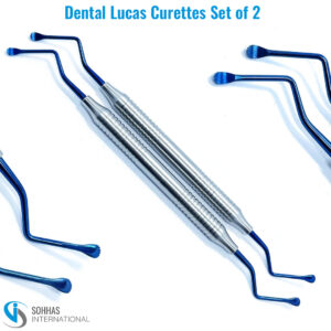 Set of 2 Dental Lucas curettes with blue serrated tips for effective periodontal scaling