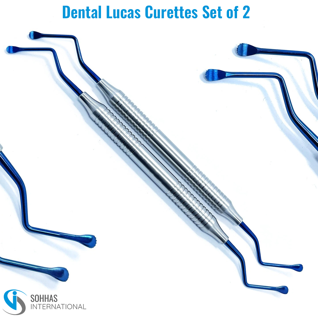 Set of 2 Dental Lucas curettes with blue serrated tips for effective periodontal scaling