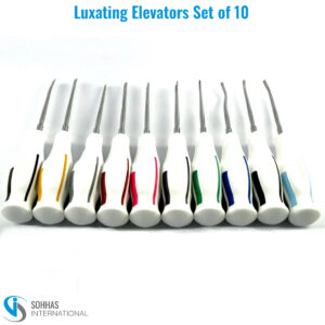 Set of 10 luxating elevators with lightweight plastic handles for precise tooth extraction