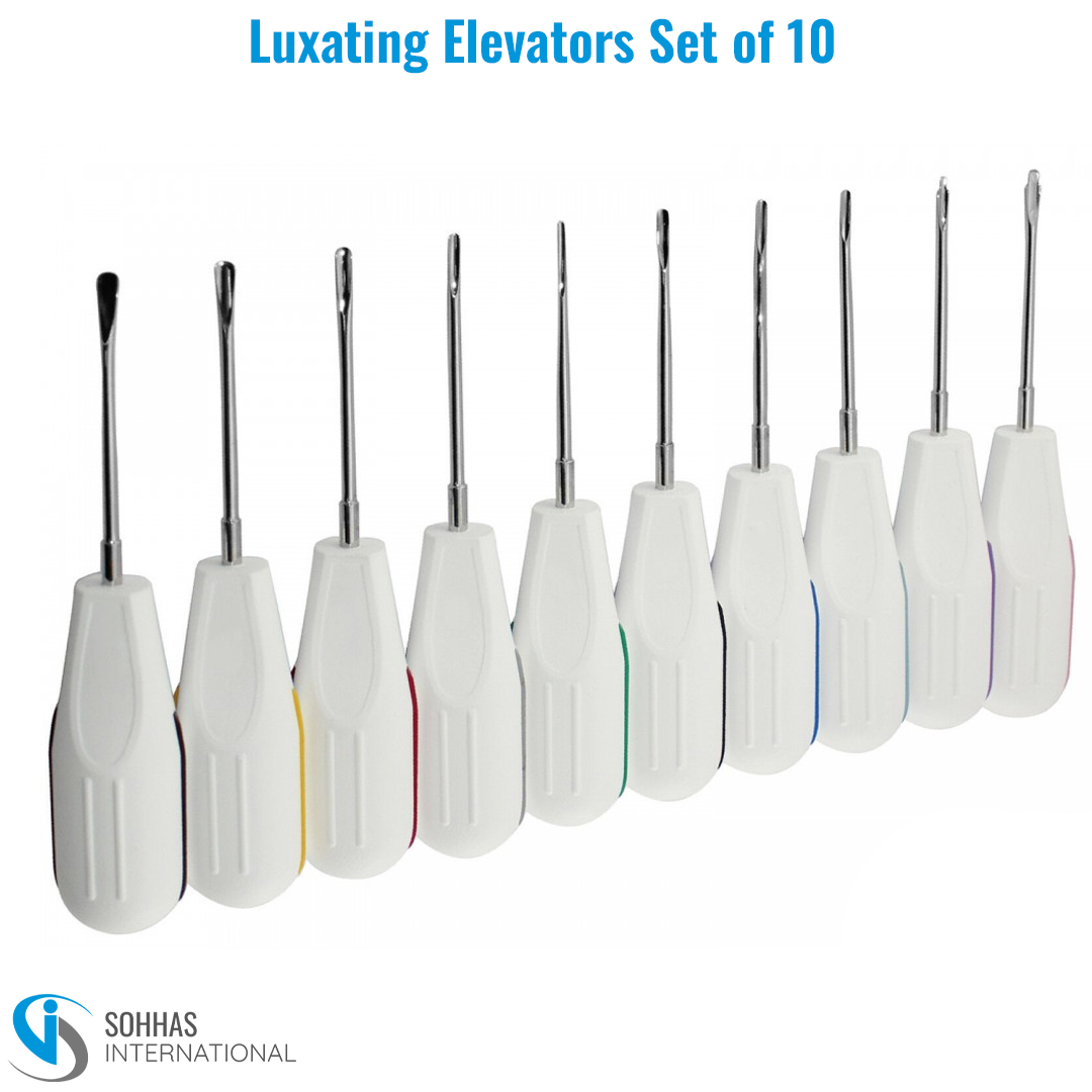 Set of 10 luxating elevators with lightweight plastic handles for precise tooth extraction