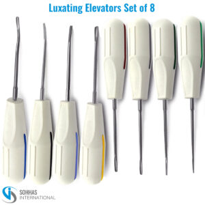 Set of 8 luxating elevators with ergonomic handles for precise tooth luxation