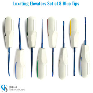 Set of 8 luxating elevators with ergonomic handles for precise tooth luxation