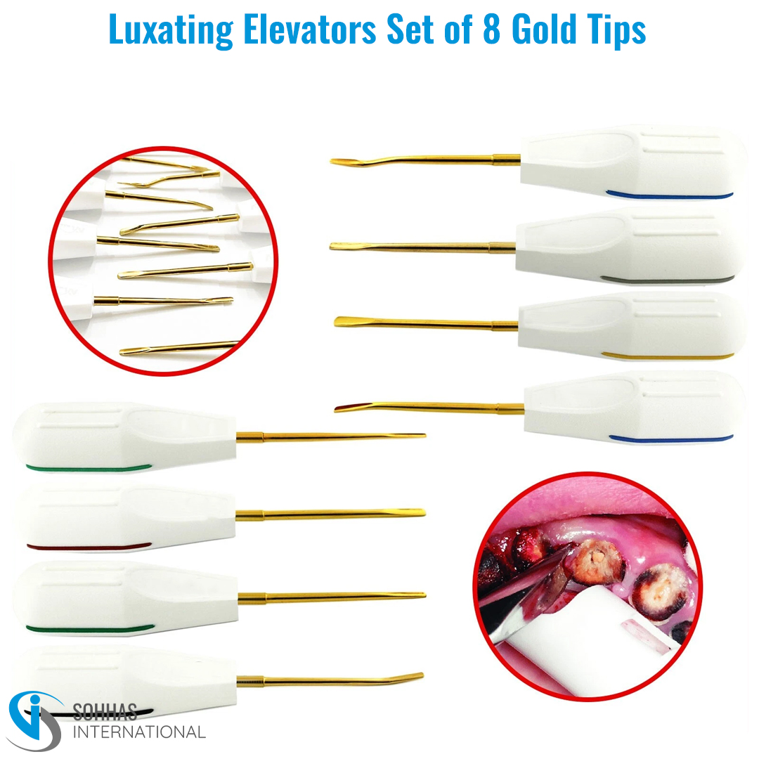 Set of 8 luxating elevators with ergonomic handles for precise tooth luxation