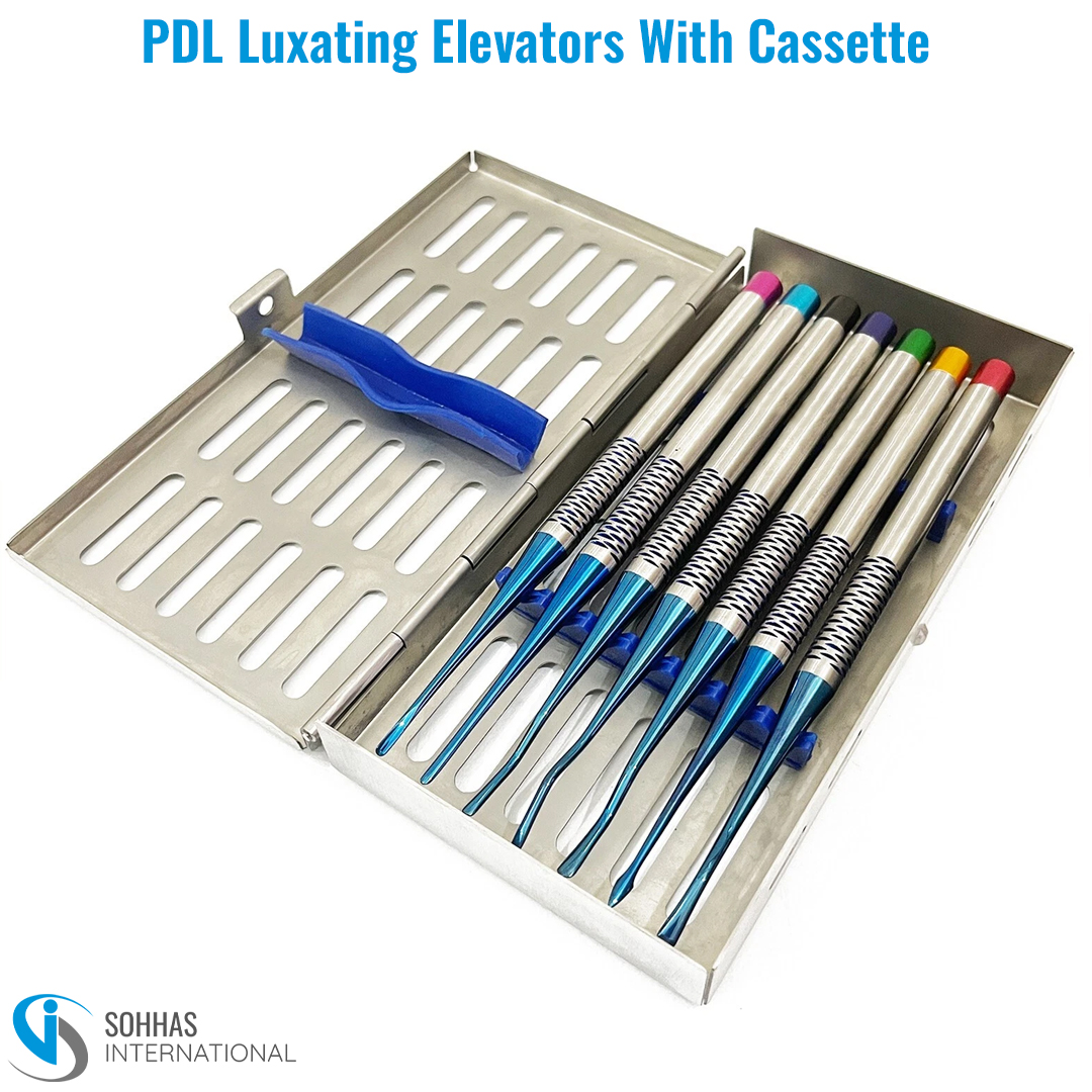 Set of 7 PDL luxating elevators with ergonomic handles and sterilization cassette for precise tooth extraction