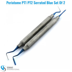 Set of 2 serrated titanium periotomes PT1 and PT2 with blue finish for precise periodontal ligament severing