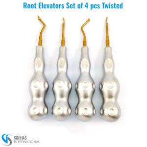 Set of 4 twisted root elevators with ergonomic handles for effective tooth root elevation