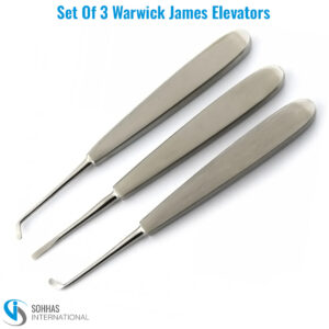 Set of 3 Warwick James elevators with left, straight, and right blades for versatile tooth elevation