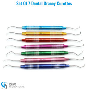 Set of 7 Gracey curettes with different colored hollow handles for periodontal scaling