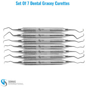 Set of 7 Gracey curettes with ergonomic hollow handles for effective subgingival scaling