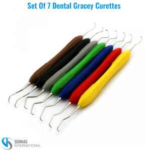 Set of 7 Gracey curettes with comfortable silicone handles for effective scaling and root planing