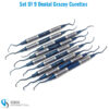 Set of 9 Gracey curettes with blue hollow handles for effective subgingival scaling and root planing