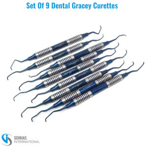 Set of 9 Gracey curettes with blue hollow handles for effective subgingival scaling and root planing