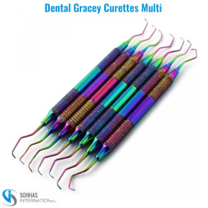 Set of 7 Gracey curettes with multi rainbow colored hollow handles for easy identification and ergonomic use