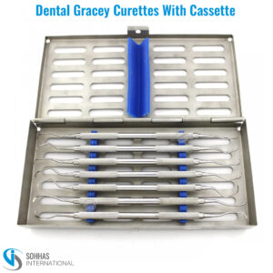 Set of 7 Gracey curettes with sterilization cassette for organized and safe dental instrument storage
