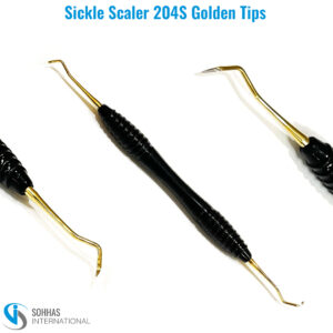 204S Sickle Scaler with golden color-coated tips and ergonomic silicone handle for dental cleaning
