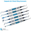 Set of 6 blue-handled composite dental filling instruments for restorative procedures