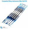 Set of 6 blue-handled composite dental filling instruments for restorative procedures