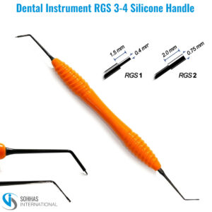 RGS 1-2 dental composite instrument with purple and brown silicone handle for precise material placement