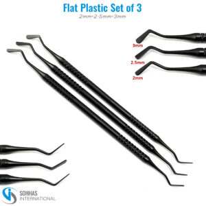 Set of 3 flat plastic filling instruments in 2mm, 2.5mm, and 3mm sizes for dental composite application