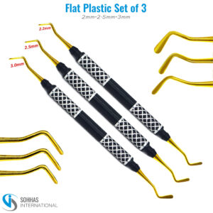 Set of 3 flat plastic filling instruments in 2mm, 2.5mm, and 3mm sizes for dental composite application