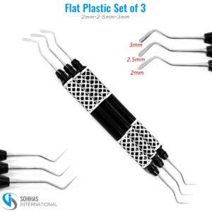 Set of 3 flat plastic filling instruments in 2mm, 2.5mm, and 3mm sizes for dental composite application