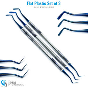 Set of 3 flat plastic filling instruments in 2mm, 2.5mm, and 3mm sizes for dental composite application