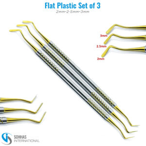 Set of 3 flat plastic filling instruments in 2mm, 2.5mm, and 3mm sizes for dental composite application