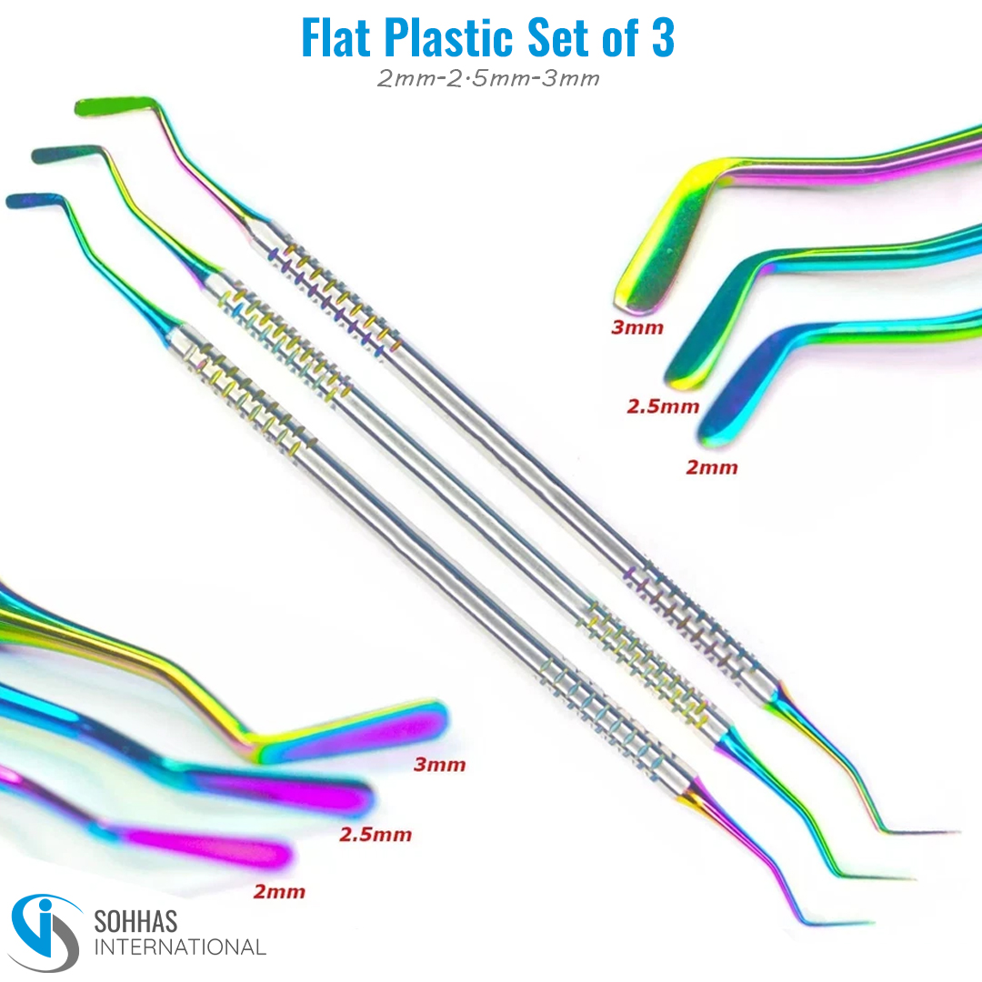 Set of 3 flat plastic filling instruments in 2mm, 2.5mm, and 3mm sizes for dental composite application