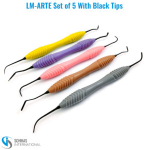 LM-ARTE composite instrument set with black non-stick tips and ergonomic silicone handles for aesthetic restorations